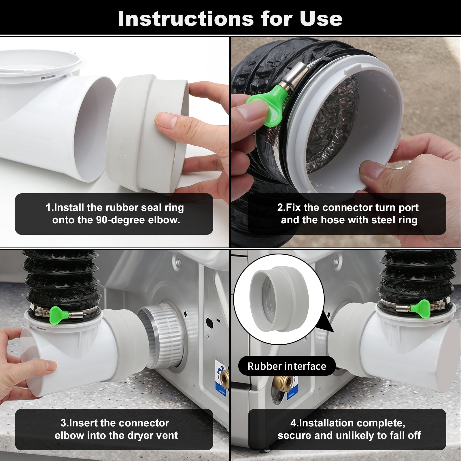 4in 8ft Dryer Vent Hose Kit with Rubber Seals & 90° Elbow for Tight Spaces