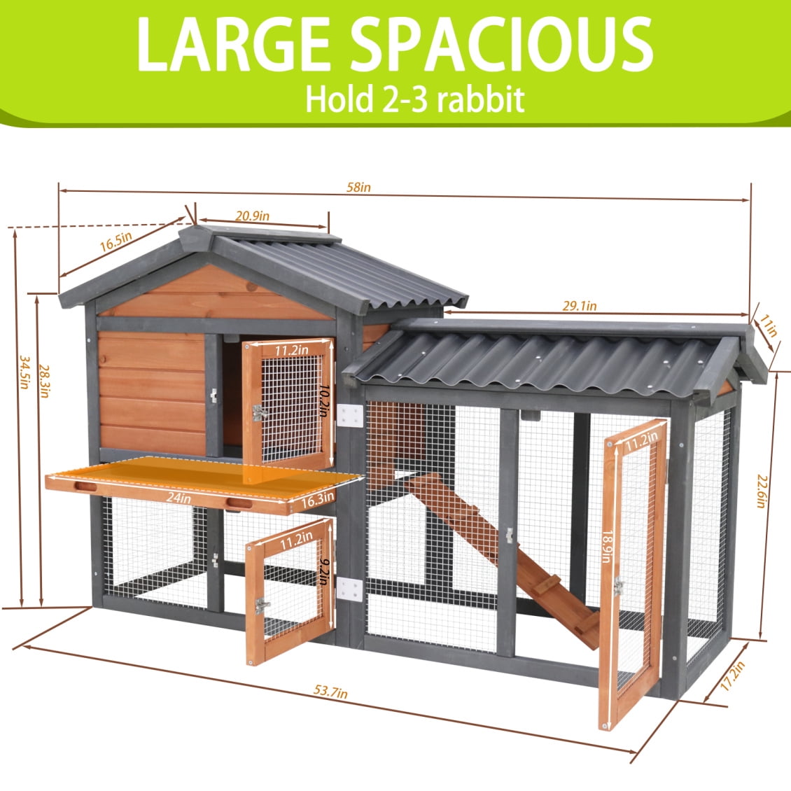2-Story Rabbit Hutch with Run, 58" Bunny Cage with 1 Pull-Out Tray, 3 Lockable Doors and Waterproof Roof for Rabbits, Guinea Pigs, Small Pets, Grey+Red