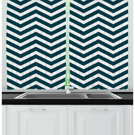 Navy Curtains 2 Panels Set, Zigzag Chevron Geometrical Design Lines Sea Waves Inspired Artwork Print, Window Drapes for Living Room Bedroom, 55W X 39L Inches, Navy Blue and White, by Ambesonne