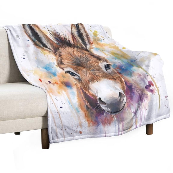 Watercolor Donkey Super Soft Blanket Flannel Throw Blanket Flannel Microfiber Blankets for Couch Bed Sofa Fluffy and Warm 50"x60"