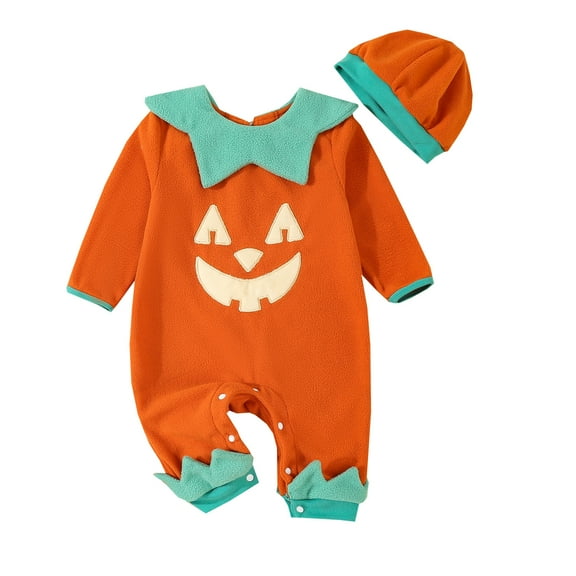 aturustex Infant Baby Boy Girl Pumpkin Costume Halloween Party Clothes 0 3M 6M 12M 18M Newborn Long Sleeve Rompers Round Neck Plush Bodysuits Embroideshion Warm Cute Casual Halloween Outfits