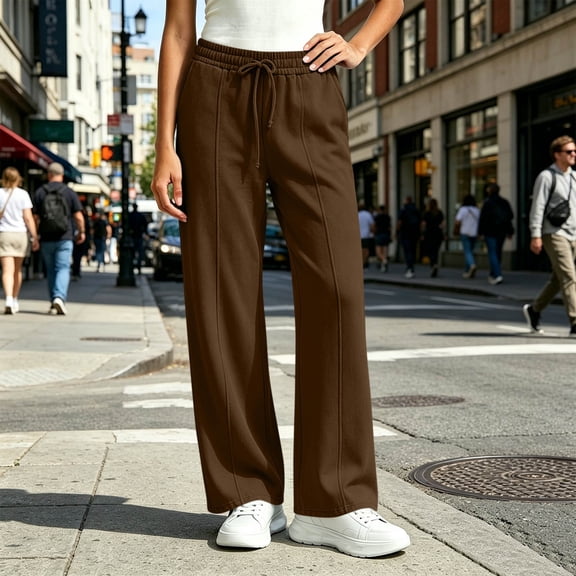 Guieoi Pants for Women Plus Size Casual Athletic Drawstring Elastic-Waist with Pockets Summer Work Trousers Brown L