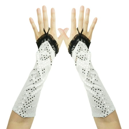 SeasonsTrading Shiny Sequin White Fingerless Gloves - Prom, Wedding, Evening Formal, Dance, Costume
