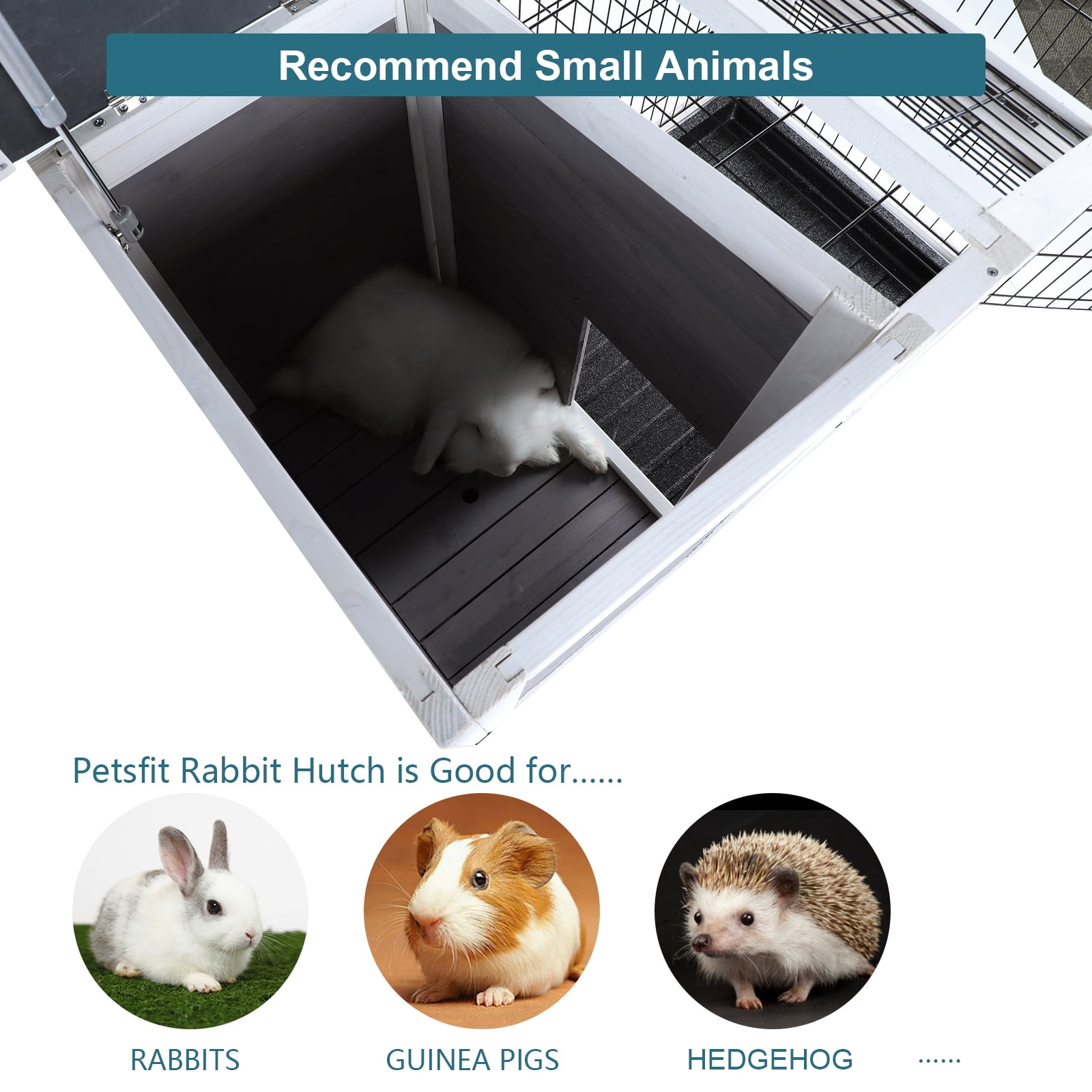 Witaxima 2-Story Wooden Rabbit Hutch with Runway, Leak-Proof Tray for Outdoor/Indoor Use, 37.5x21.5x34 Inches, Grey Small Animal Cage