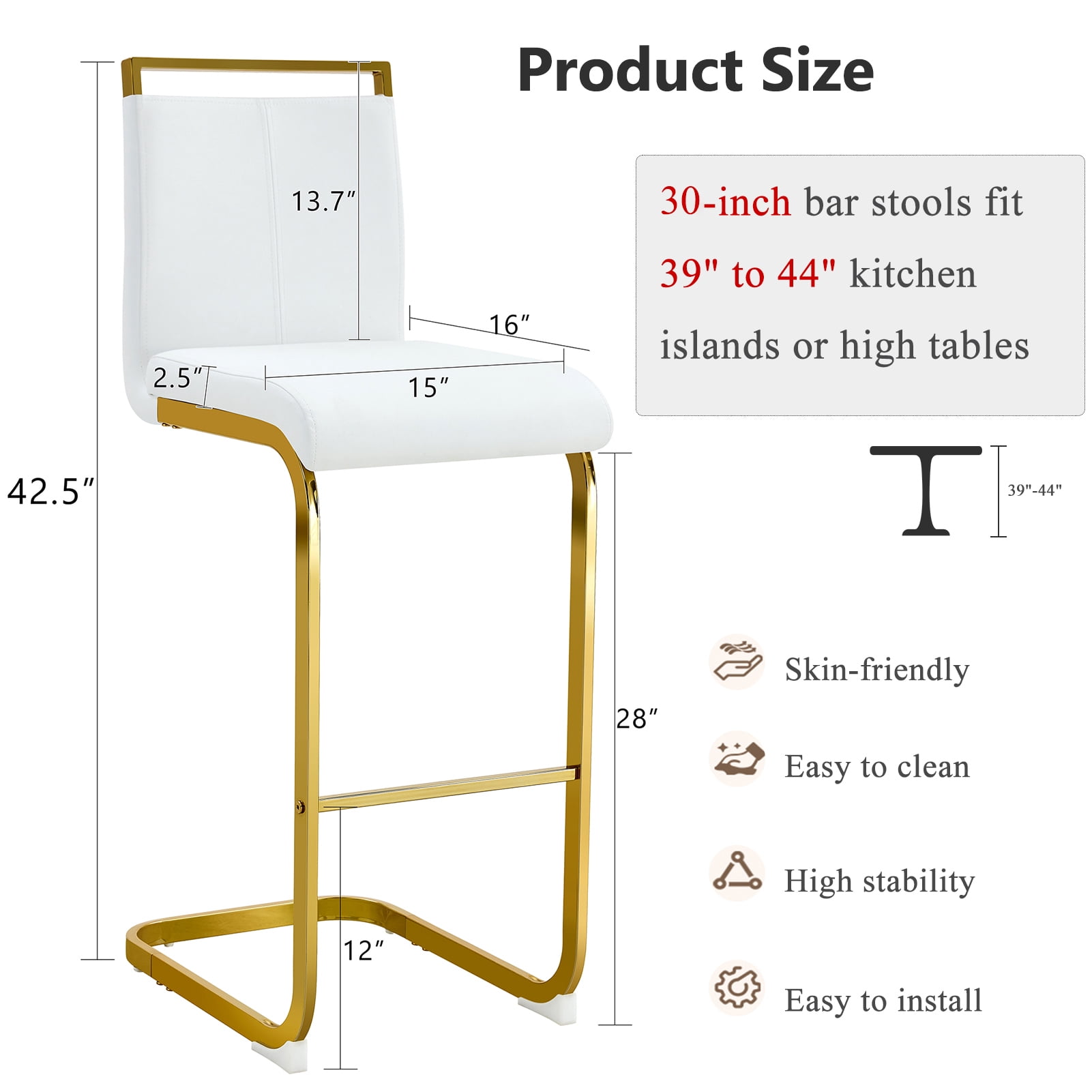Lecut 30" Counter Height Bar Stools Set of 4, Modern Upholstered PU Leather Bar Stools with Back and Gold Chrome Plated Metal Frame, Armless Bar Chairs for Kitchen Island (White+Gold)
