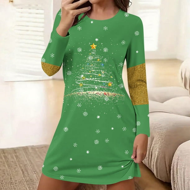 Camisón corto holgado y cómodo con cuello redondo y manga larga estampado para mujer