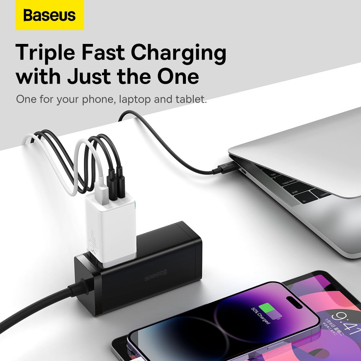 Baseus 65W USB C Fast Charger With Usb C Cable, Compact Gan Charger Block, White