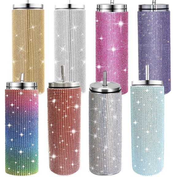 QUTETN 1pc Sparkling 20oz Inlay Stainless Steel Straw Insulated Cup, Portable Large Capacity Car Flat Bottomed Cup,festival Gift 570ml Halloween Decorations
