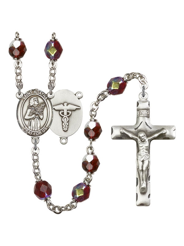 St Agatha-Nurse Center Silver Finish St Agatha-Nurse Rosary with 7mm Garnet Lock Link Aurora Borealis Beads Gift Boxed and 1 3/4 x 1 inch Crucifix