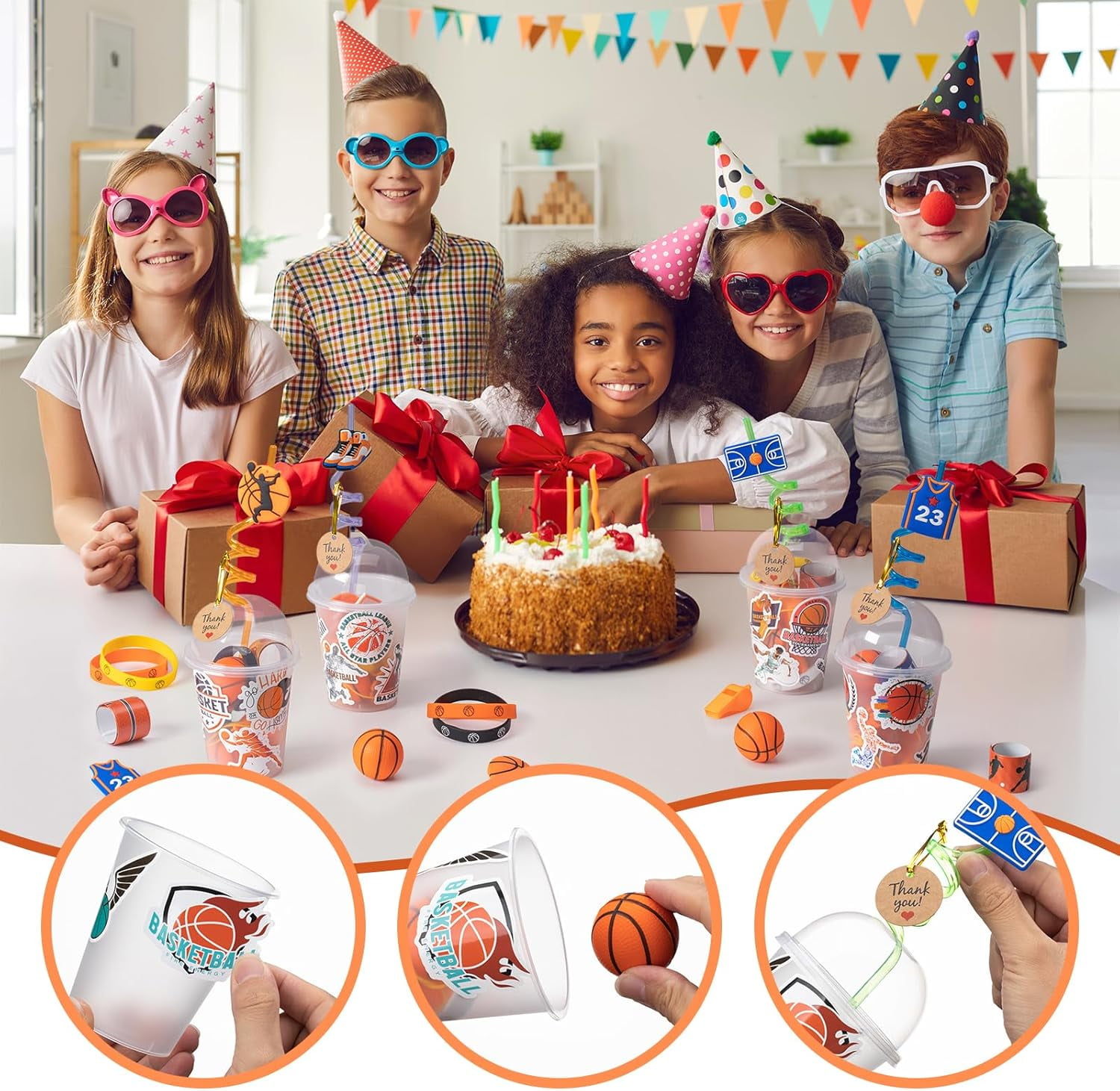 170 Pcs Basketball Party Favors Pack with Cups Straws Stress Ball Silicone Wristbands Slaps Bracelets Keychains Stickers Whistles Thank You Tags Goodie Bags for Basketball Birthday Party Supplies