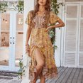 thumbnail image 2 of Vestido de verano de manga corta para mujer, estilo de vacaciones, vestido floral con cuello en V, falda midi para mujer, Amarillo XL, 2 of 6