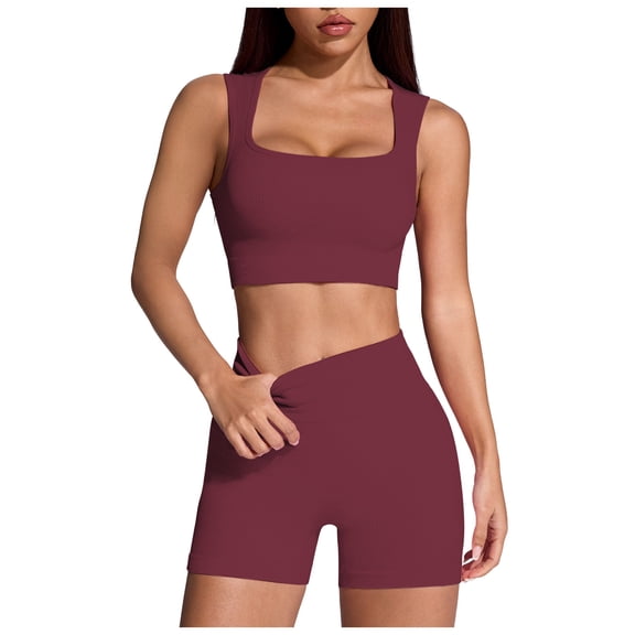 Women Workout Sets Build in Bra 2 Piece Outfits Tank Tops Tummy Control Shorts Yoga Gym Active Wear Clothing Set Bra Tank Tops Sports Bra Gym Clothes Sets (S,Wine)