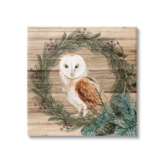 Stupell Industries Rustic Owl on Pine Wreath Botanical & Floral Painting Gallery Wrapped Canvas Print Wall Art, 36 x 36