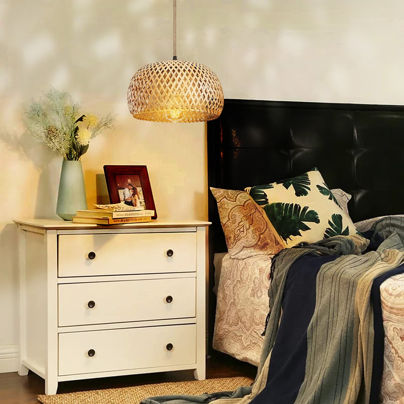 IC Farmhouse Plug in Pendant Light Fixture, E26 Bamboo Lampshade Rattan Round Cage Hanging Ceiling Lamp with Hemp Rope Cord for Home Decor Living Room Bedroom Kitchen Bar