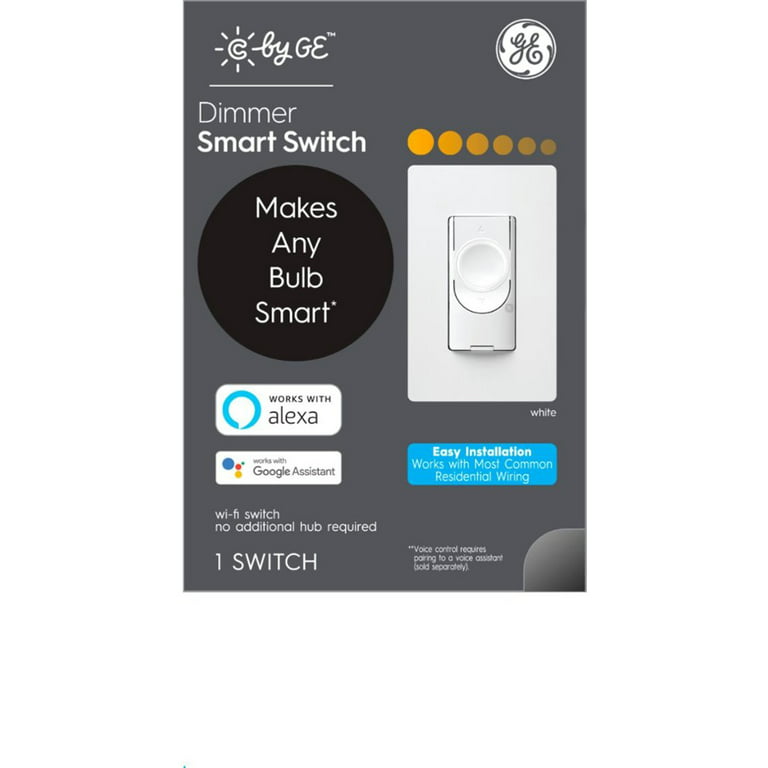 GE CYNC Smart Light Switch On/Off Button Style, No Neutral Wire Required,  Bluetooth and 2.4 GHz Wi-Fi 3-Wire Switch, Works with Alexa and Google Home,  White (1 Pack)