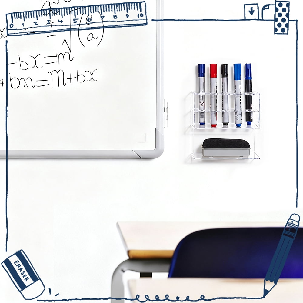 2 Set Acrylic Pen Holder Dry Erase Marker Holder 2-Tier 10-Slot Whiteboard Marker Holders Clear Marker Organizer Stand DIY Clear Pencil Holder Cup