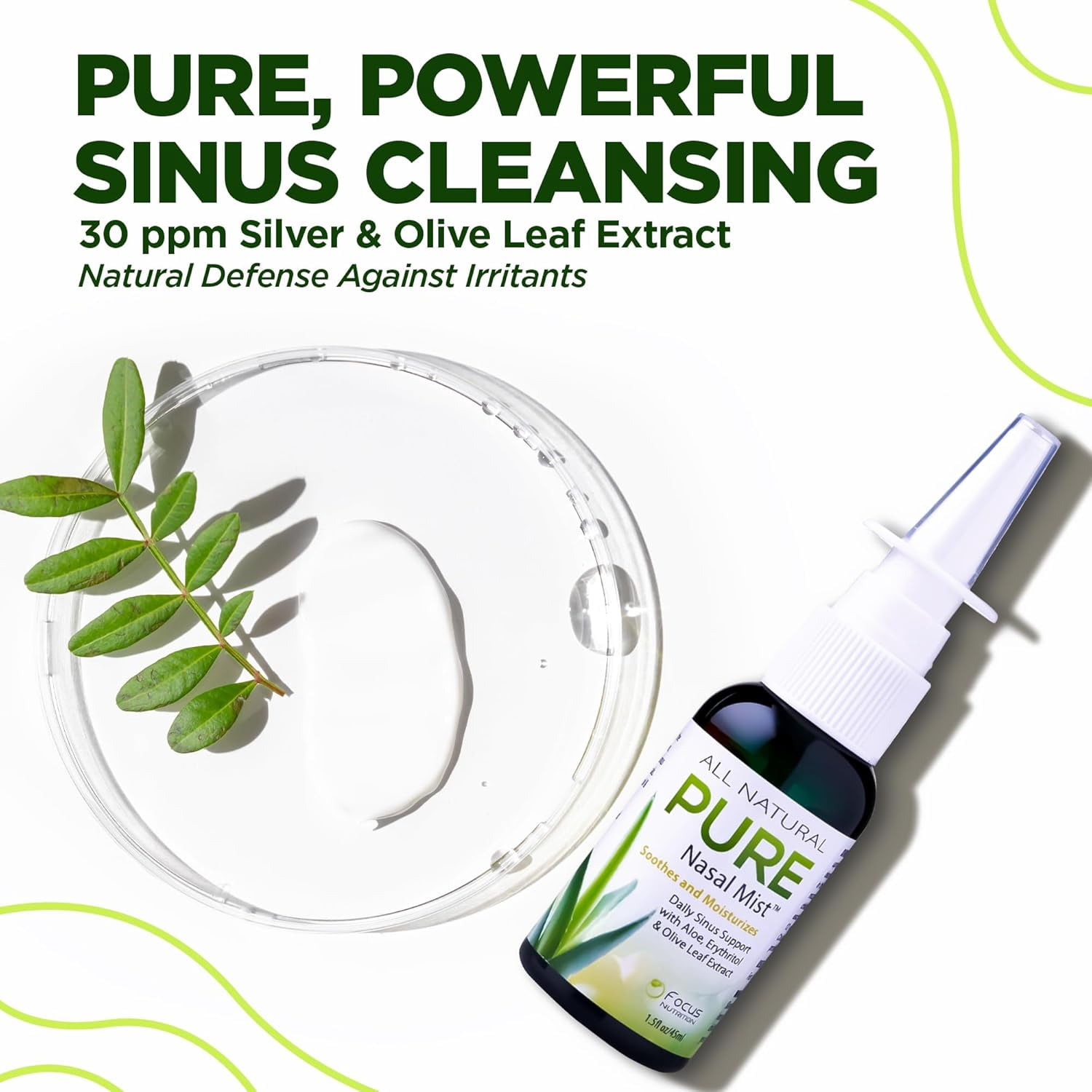 Pure Nasal Mist 1.5oz | Sinus Relief Nasal Spray | Soothe and Moisturize Your Nose | Silver Nasal Spray with Aloe, Erythritol, and Olive Leaf Extract