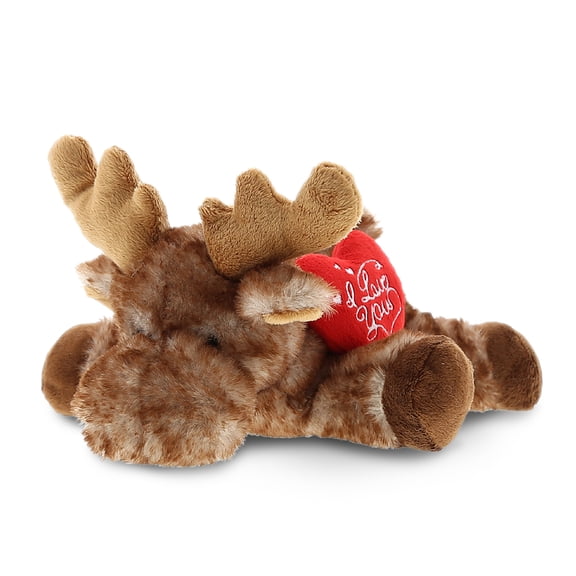 DolliBu I LOVE YOU Brown Lying Moose Plush – Cute Stuffed Animal with Heart Message for Valentines, Anniversary, Romantic Date, Boyfriend, Girlfriend Gift – 9.5 Inches