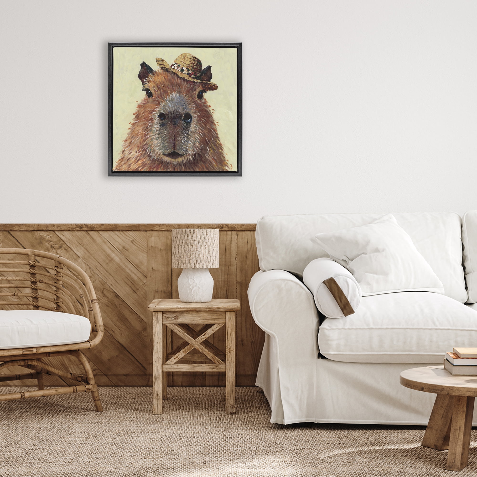 Stupell Industries Capybara with Straw Hat Black Framed Floater Canvas Wall Art, design by Studio Bautista