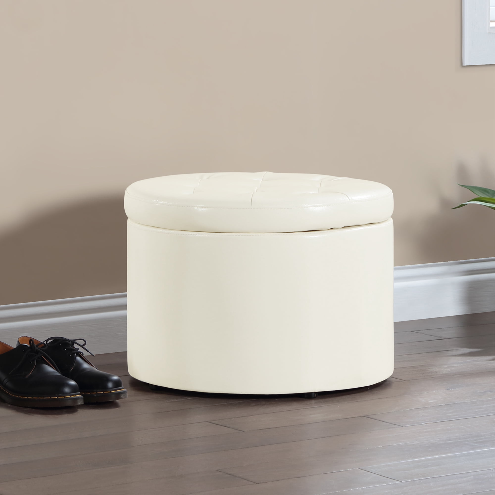 Convenience Concepts Designs4Comfort Round Shoe Storage Ottoman with Reversible Tray Table Lid, Ivory Vegan Leather