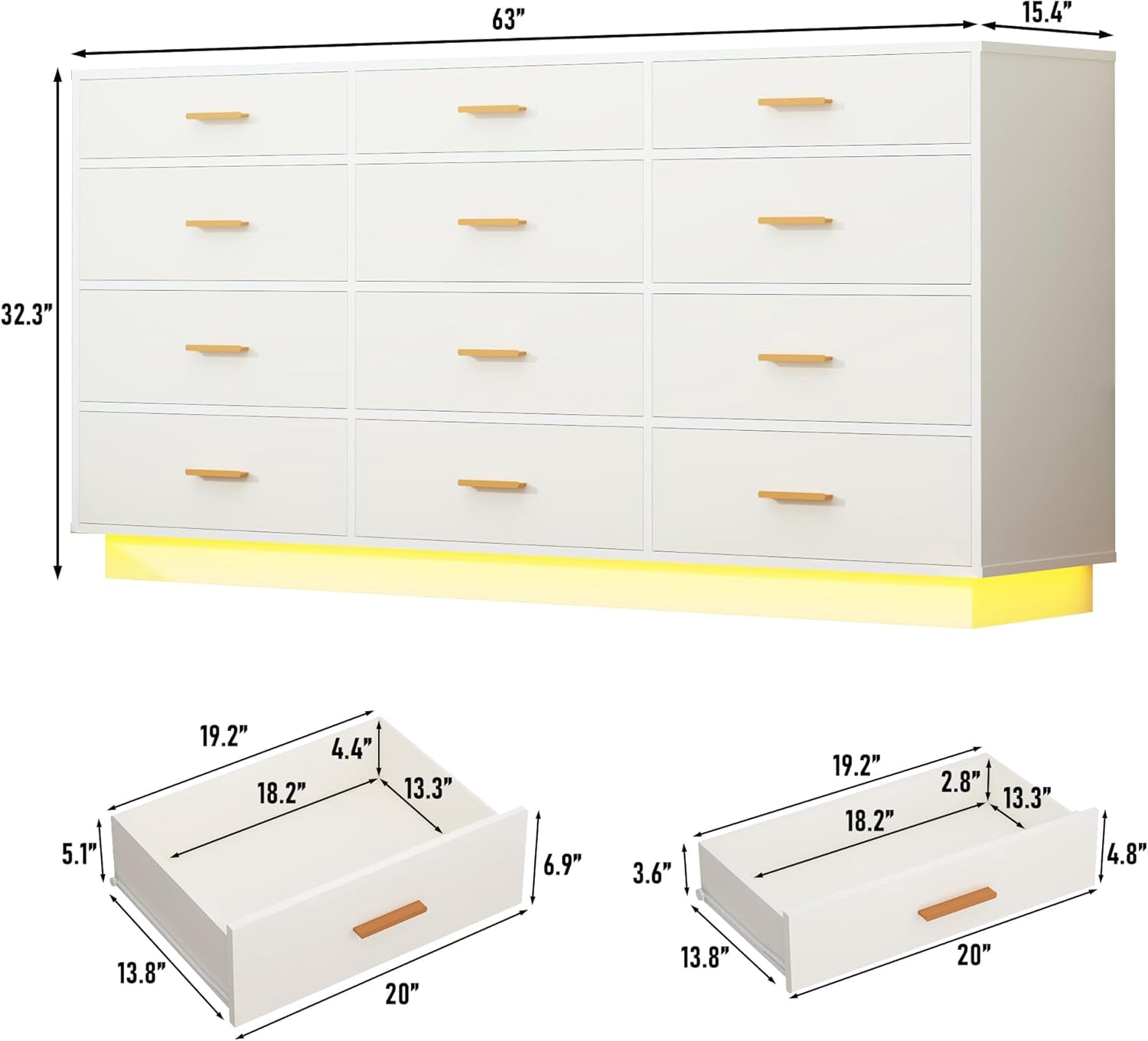 Blotout 12 Drawers Dresser w/Power Outlet, 60000 Colors Lights, 63''Long Wooden Dresser Chest w/Anti-toppling Design, Metal Handles Dresser for Living Room, Hallway, Entryway, Bedroom