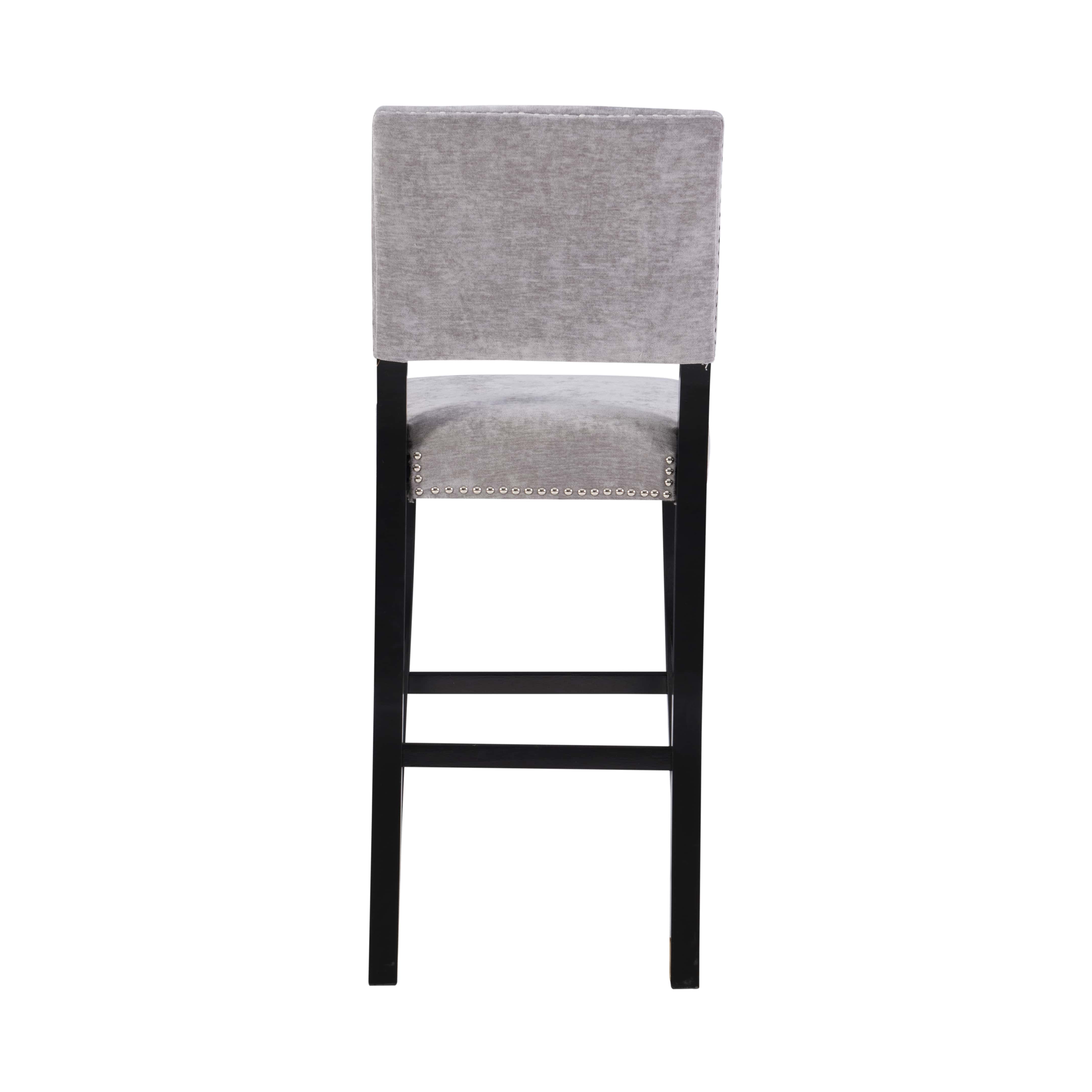 Linon Armond Upholstered Bar Stool, 30" Seat Height, Black Finish with Washed Velvet Dark Gray Fabric