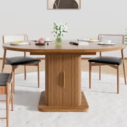 Extendable Round Dining Table for 4–8, 59 Modern Kitchen Table with Storage & Fluted Wood Sliding Door, Walnut