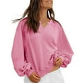 thumbnail image 2 of Women's V-Neck Lace Detail Sweatshirt, Soft Puffed Sleeve Pullover Top with Ribbed Trim, Cropped Casual Loose Fit Tops for Fall Fashion and Daily Comfort Wear Pink S, 2 of 5