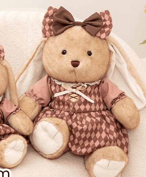 14/18in Vintage Checkered Dress Bunny Plush Toy for Kids, Soft Stuffed Rabbit Doll with Bow, Cute Decorative Plushie, Available in 2 Sizes