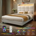 thumbnail image 4 of Domusensus King Size Bed Frame with Storage Headboard, 51" Tall Wingback Teddy Fleece Upholstered Platform Bed with LED Lights & Charging Station, White, 4 of 8