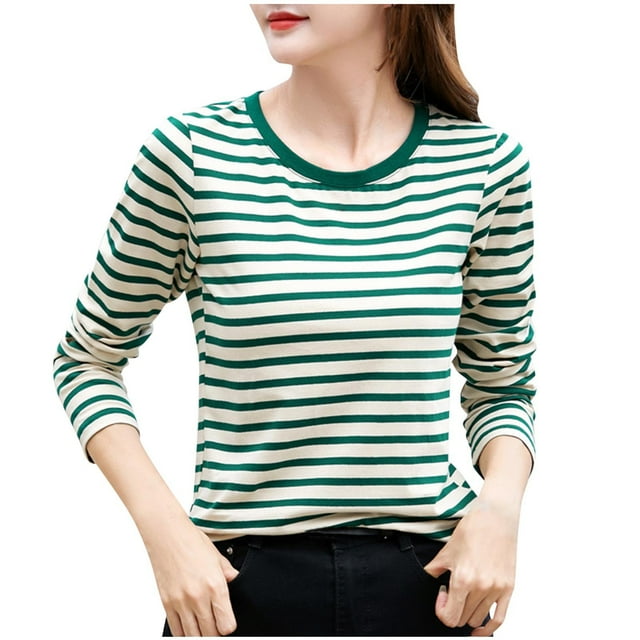 Timegard Fall Tops for Women Striped Long Sleeve Basic Tee Shirts Casual Slim Comfy Crewneck Tops