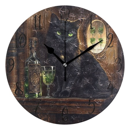 WOBOGO Black Cat with Absinthe Wall Clock 10in Silent Mechanism Battery Operated Retro Style for Living Room Bedroom and Kitchen Black Pointer