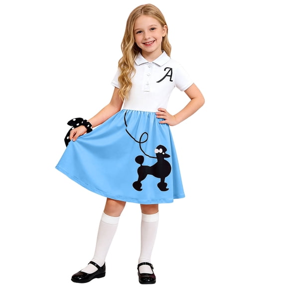 Staki Girls 50s Outfit Girls 1950s Poodle Skirt Costume Set, 4PCS Sock Hop Outfit, Retro 50s Dress Up Costume for Halloween, School Party 2T 3T 4T Pink,4-5 Years