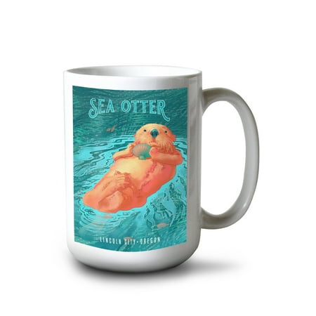 

15 fl oz Ceramic Mug Lincoln City Oregon Fluid Linework Sea Otter Dishwasher & Microwave Safe