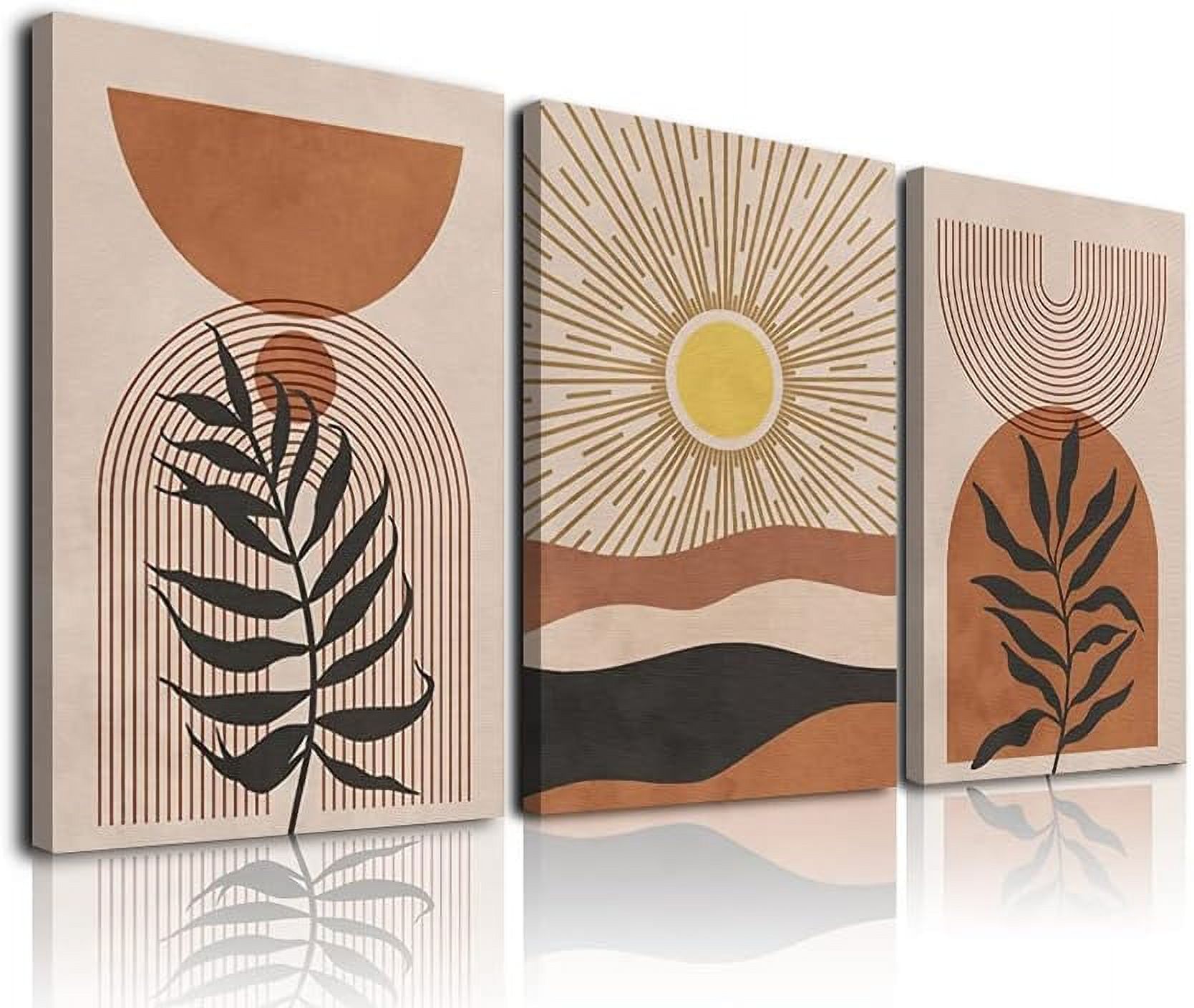 Boho Wall Art Set of 3, Boho Room Decor, Mid-Century Modern Wall Art Prints, Framed Neutral Abstract Geometric Canvas Prints Orange Brown Sun Desert Leaf Minimalist Artwork 12" X 16" Ready To Hang