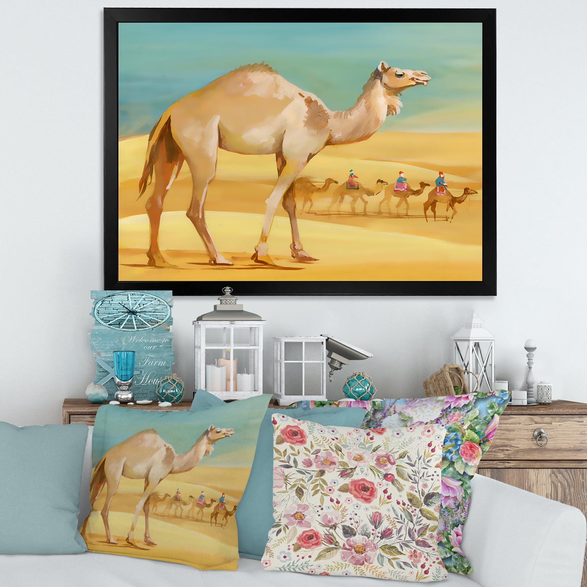 Designart 'Camels In Wild Desert I' Farmhouse Framed Art Print