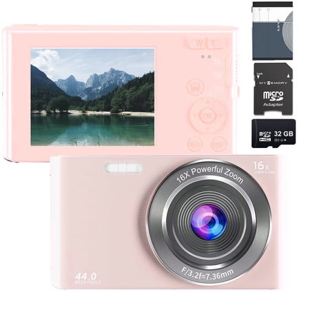KLIOMAX 44MP Compact Point and Shoot Digital Camera, 16X Digital Zoom, 2.4 Inch Screen & 32GB SD Card, Vlogging Camera for Kids Teens Students Boys Girls Seniors (Pink)