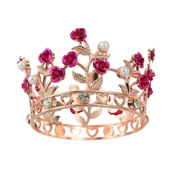 Uxcell Mini Crown Cake Toppers, Alloy Queen Princess Little Crown Tiara With Pearl & Rose for Birthday Cake Decor, Rose Gold/White/Rose Red