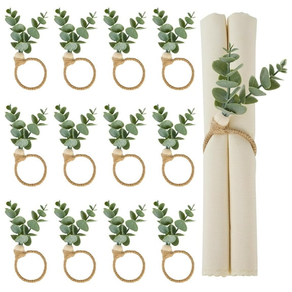 12PCS Napkin Rings with Artificial Eucalyptus Leaf, Wood Bead Farmhouse Easter Napkin Holder for Weddings Christmas Party Table Decoration
