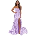 thumbnail image 1 of Vestido de fiesta Mollyevers de satén lila con diseño de sirena, escalonado y abertura, 16 W, 1 of 7