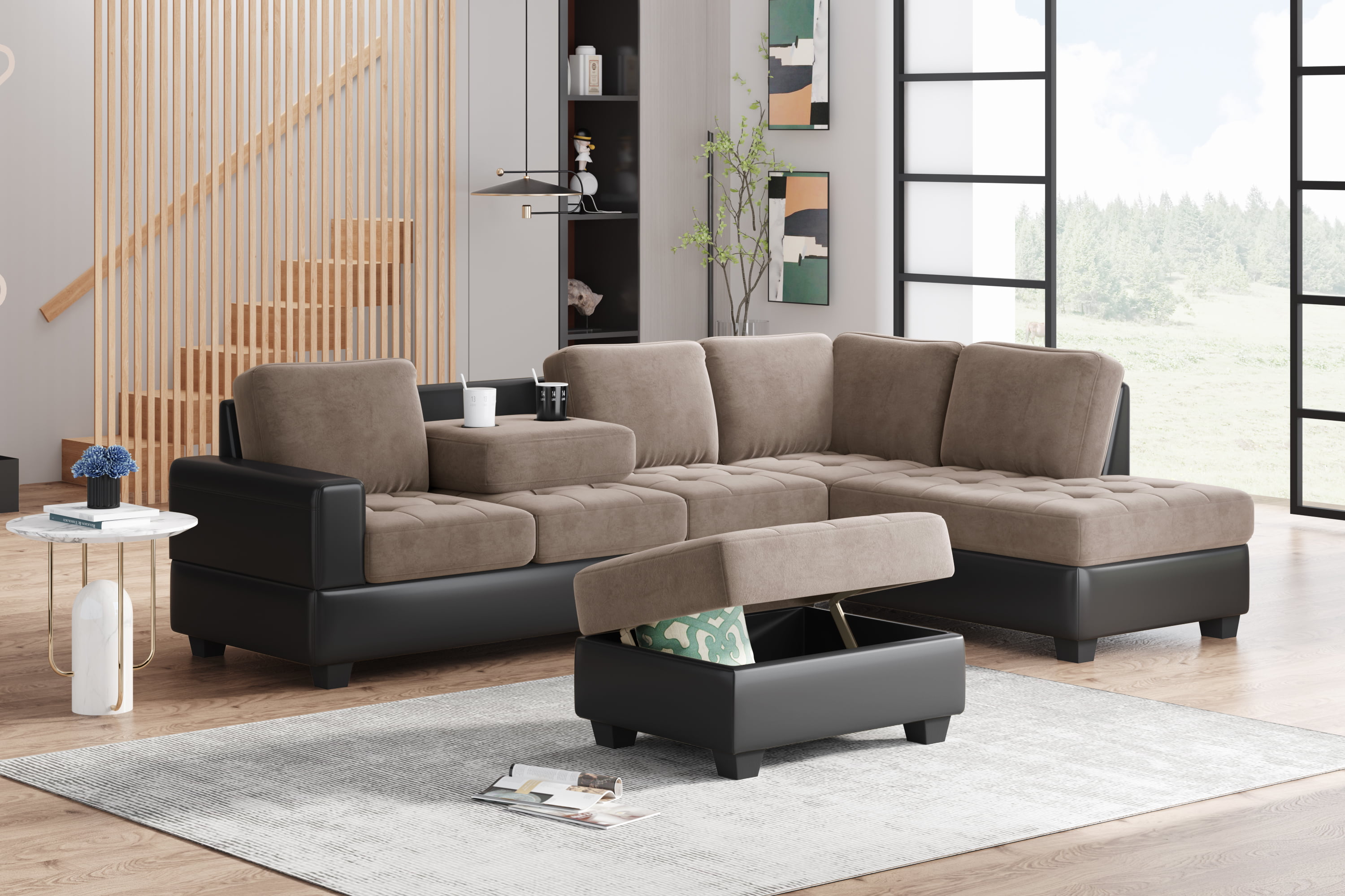 Details about   Modern Sectional Couch with Reversible Chaise Lounge and Ottoman Set Dark Beige 