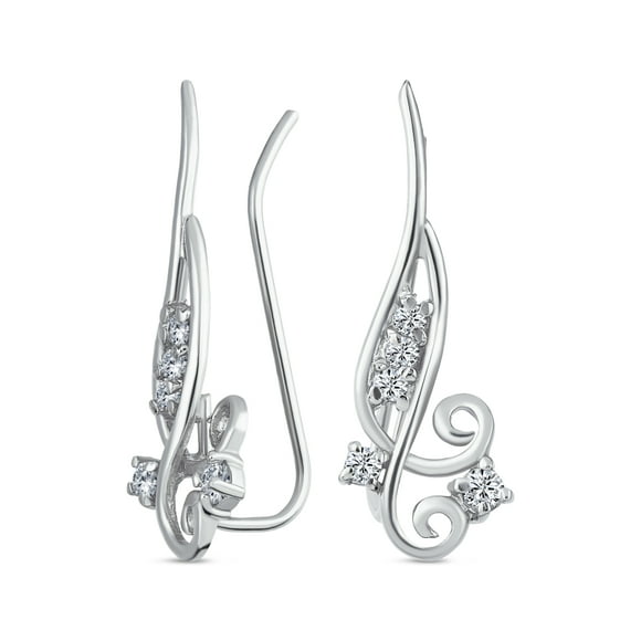 CZ Swirl Wire Ear Pin Climbers Crawlers Earrings for Women for Teen Round Cubic Zirconia .925 Sterling Silver
