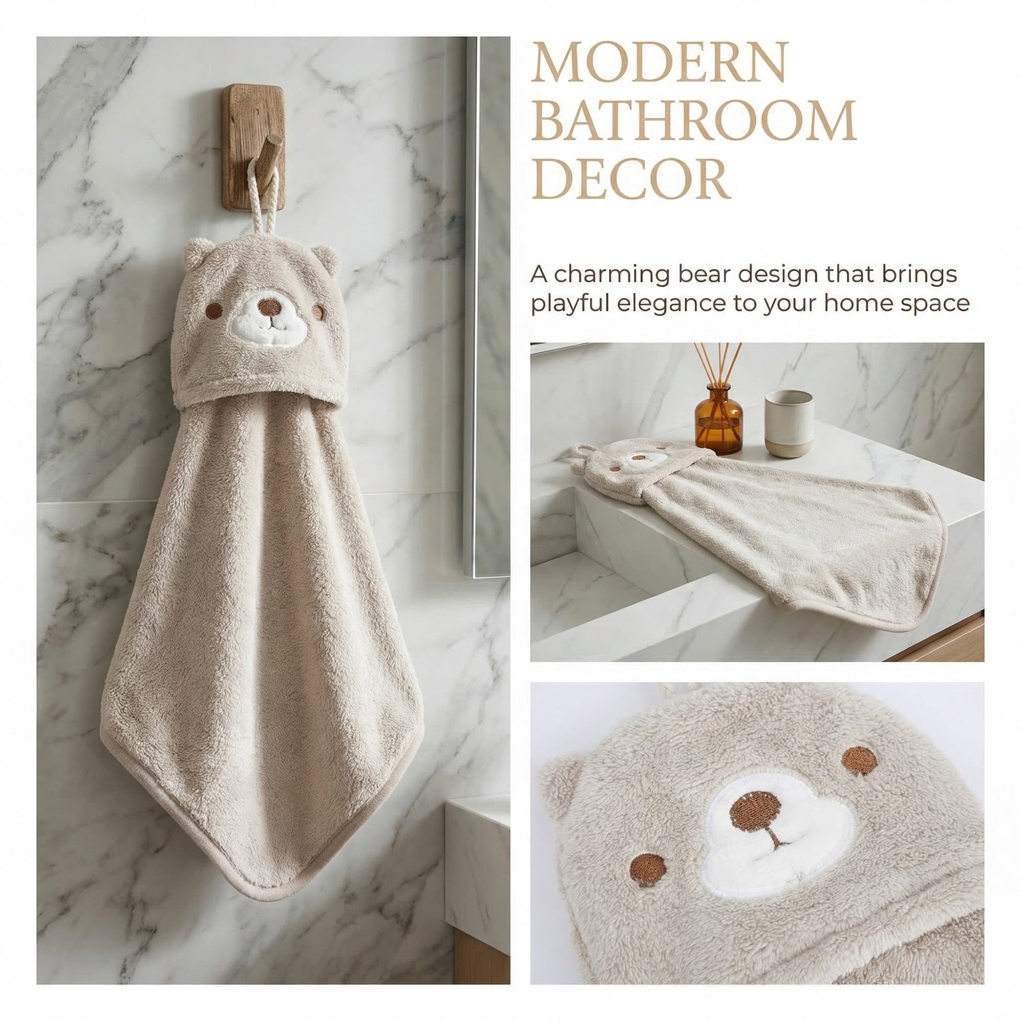 Unique Bargains Animal Hanging Soft Absorbent Hand Towel Brown Bear 15" x 8"