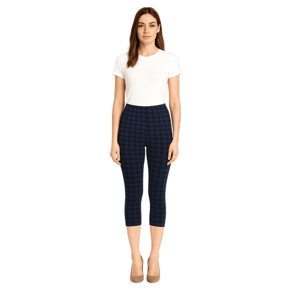 Womens High Waisted Womens Navy Black Geo Houndstooth Print Capri Leggings