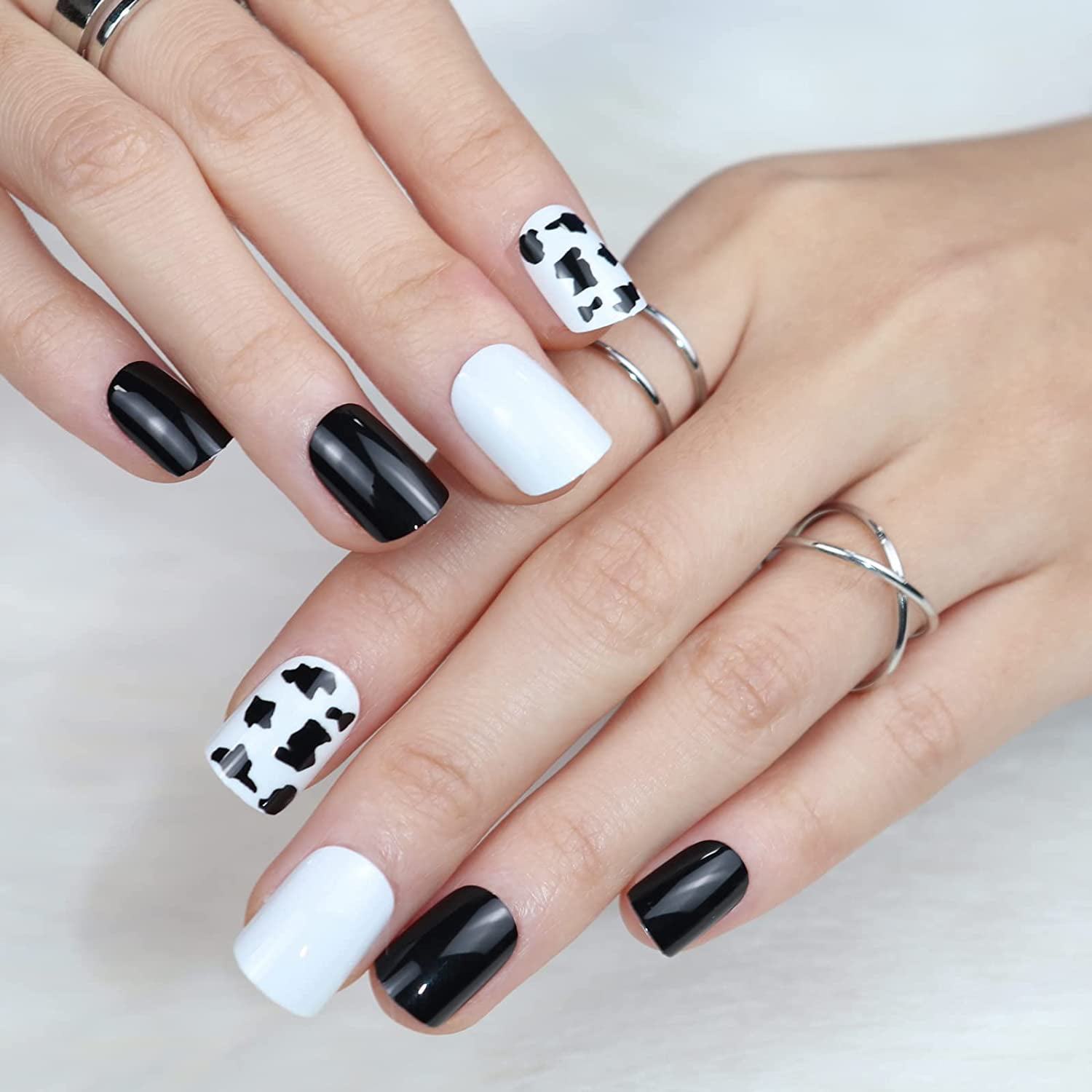 4 Boxes/Lot (96p) Black Cool Cow Short France Press on Nails
