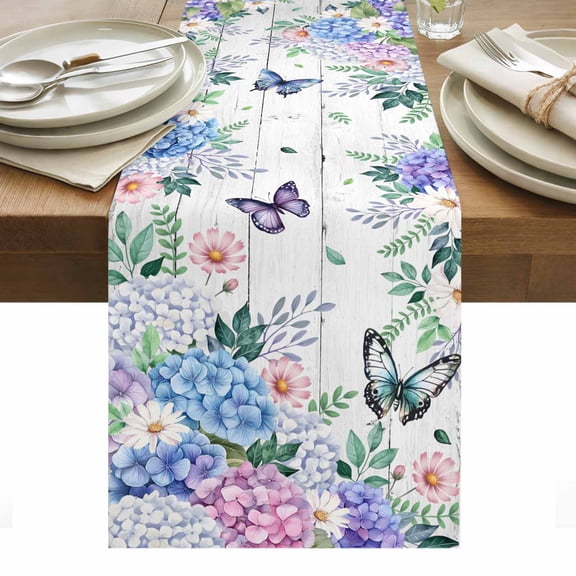 Watercolor Flowers Table Runner - 72 Inch Long, Kitchen Dining Table Runner Dresser Scarves, Spring Butterflies Floral Gray Wood Farmhouse Decor for Coffee Tables Wedding Party Banquet