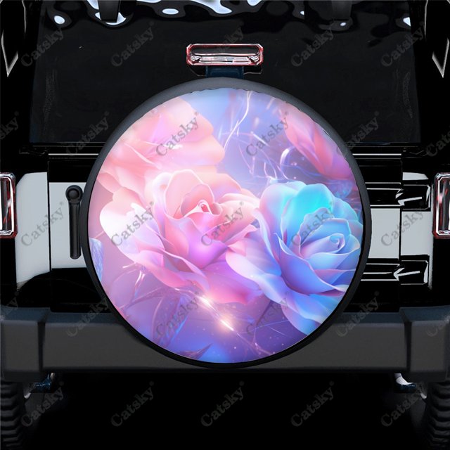 Beautiful Blue Rose Flowers Pattern Polyester Universal Spare Wheel Tire Cover Wheel Covers for Trailer RV SUV Truck Camper