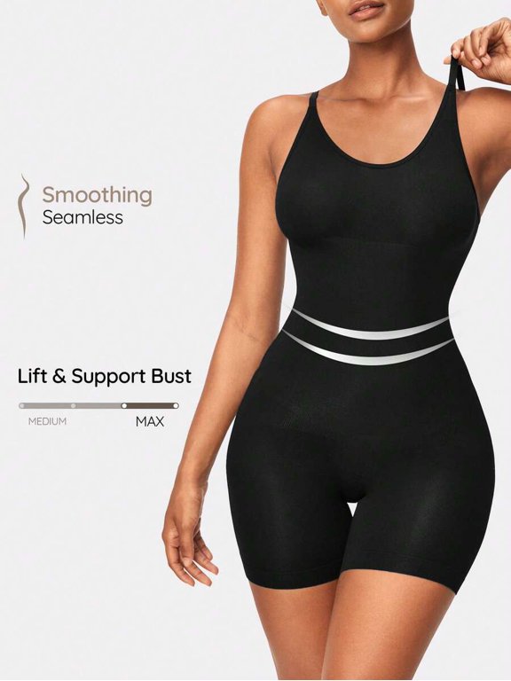 Black Seamless Smoothing Shapewear Bodysuit With Spaghetti Straps