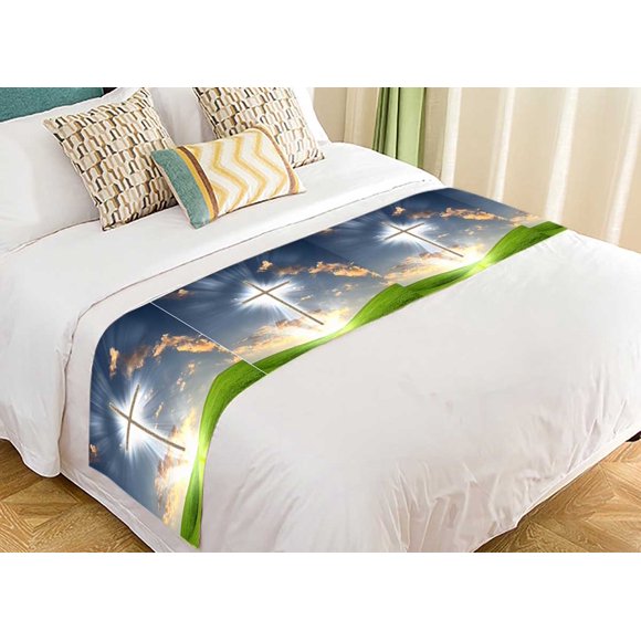 YUSDECOR cross against the sky in a blaze of glory Bed Runner Bedroom Bedding Decor Bedding Scarf Size 20x95 inches