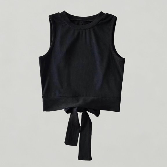 Xijirk Girls' Ribbed Knit Sleeveless Tank Top Round Neck with Back Bow Tie Detail Cropped Summer T-Shirt,S